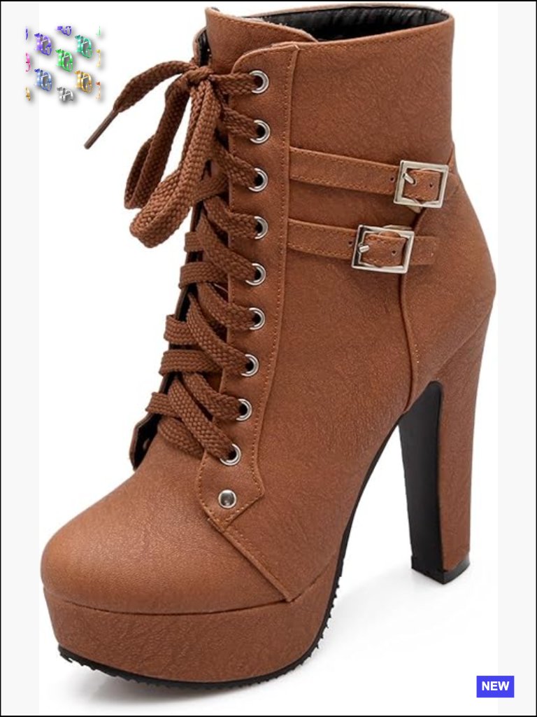 Faux Leather Platform High Heel Ankle Boots Lace-Up Double Buckle Chunky Heel